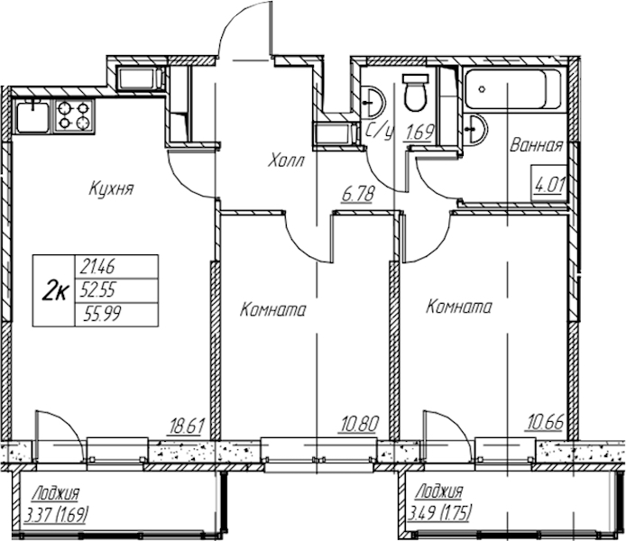 2-комнатная квартира 55.99 м², 8/22 эт., ЖК «Парк-квартал Юнтолово»
